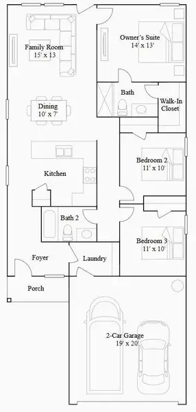 2D floor plan layout of this home in Binford Creek: Cottage Collection, Waller, TX (Image 2).