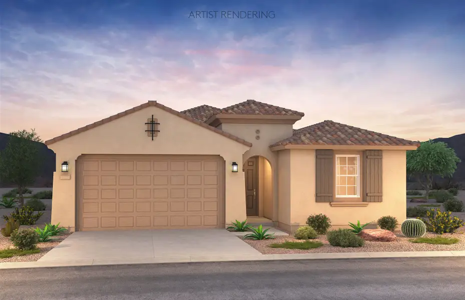 Front exterior of a new home in Blossom Rock, Apache Junction, AZ, highlighting curb appeal (Image 1). Front exterior of a new home in Blossom Rock, Apache Junction, AZ, highlighting curb appeal (Image 1).