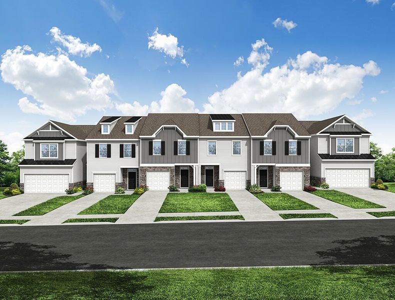 Front exterior of a new home in Bellevue Townhomes, Greenville, SC, highlighting curb appeal (Image 15).