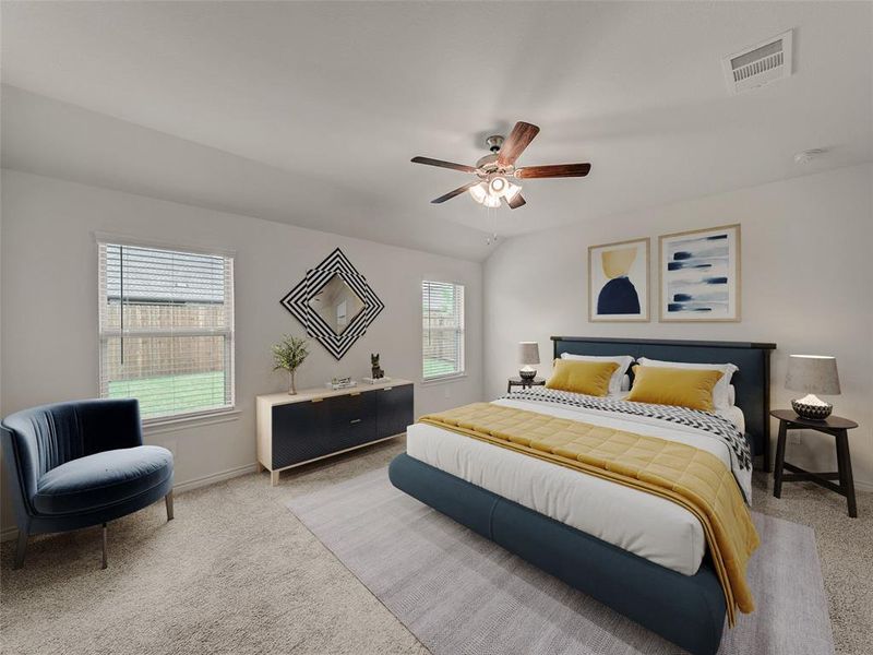 Bedroom featuring baseboards, visible vents, ceiling fan, and light colored carpet