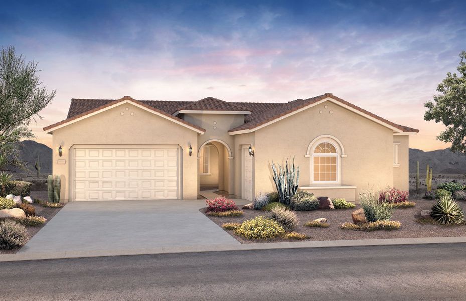 Front exterior of a new home in Harvest - Enchantment Series, Queen Creek, AZ, highlighting curb appeal (Image 2). Front exterior of a new home in Harvest - Enchantment Series, Queen Creek, AZ, highlighting curb appeal (Image 2).