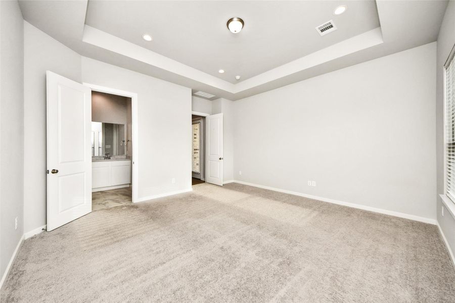 Private primary bedroom with tray ceiling and plush carpeting