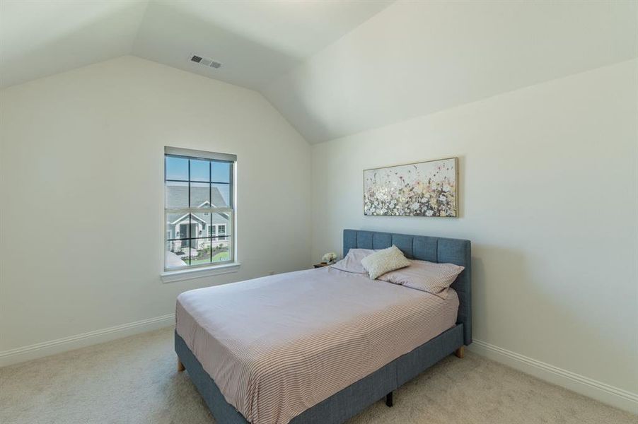 Vaulted ceiling with light-colored walls and soft carpet flooring