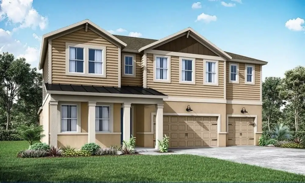 Front exterior of a new home in Tamarack at Two Rivers, Zephyrhills, FL, highlighting curb appeal (Image 1). Front exterior of a new home in Tamarack at Two Rivers, Zephyrhills, FL, highlighting curb appeal (Image 1).