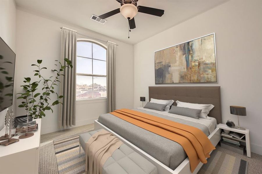 Virtually Staged Photo Carpeted bedroom with a ceiling fan and baseboards