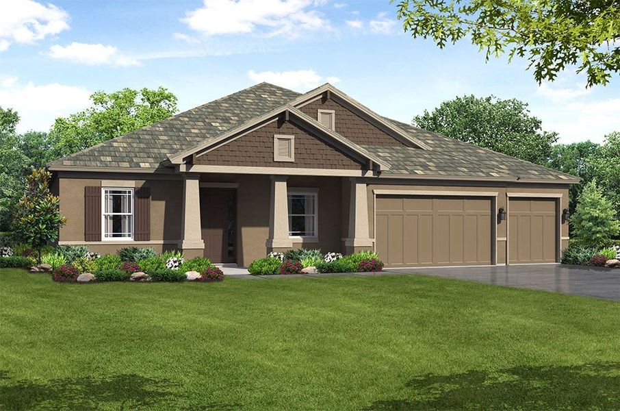 Front exterior of a new home in River Preserve Estates, Parrish, FL, highlighting curb appeal (Image 28).