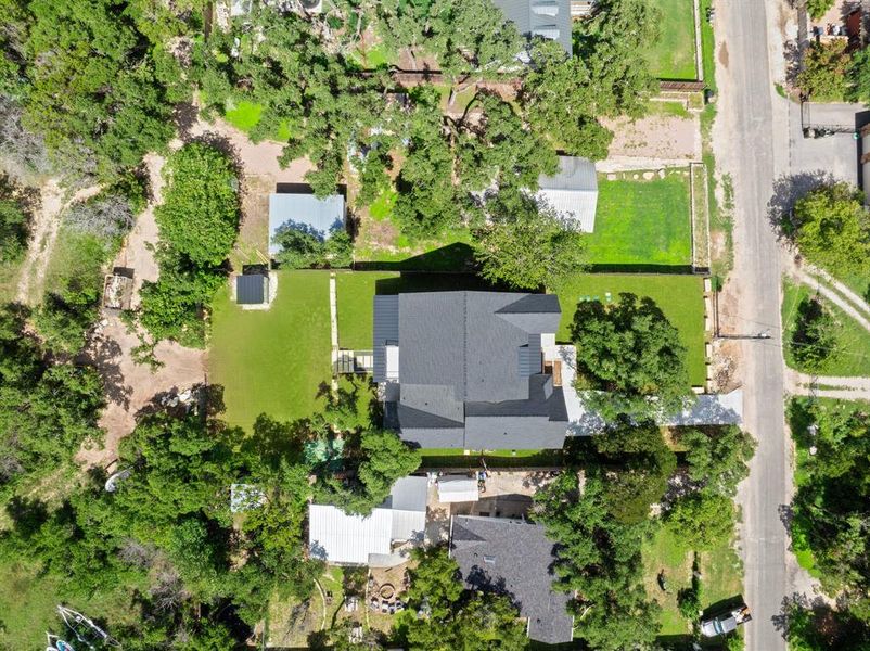 Overhead view. Back yard to the left, front yard to the right.