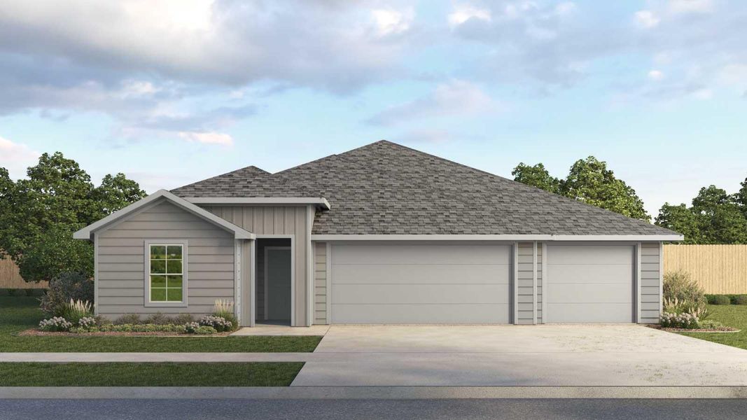 Front exterior of a new home in Railhead, Cedar Creek, TX, highlighting curb appeal (Image 1). Front exterior of a new home in Railhead, Cedar Creek, TX, highlighting curb appeal (Image 1).
