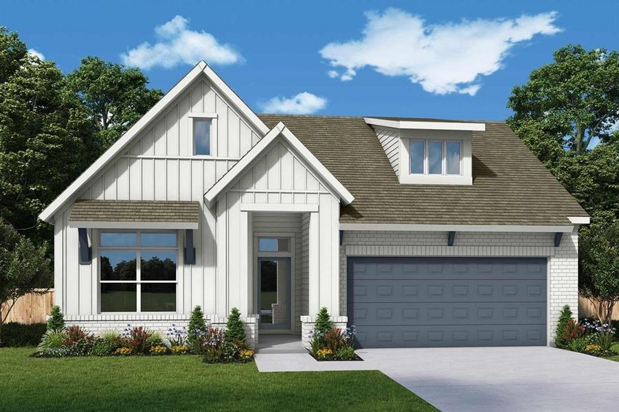 View of front facade featuring board and batten siding, concrete driveway, a front lawn, and brick siding View of front facade featuring board and batten siding, concrete driveway, a front lawn, and brick siding
