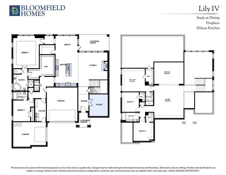 Bloomfield Homes Lily IV two-story floor plan with four bedrooms, game room, in-law suite, and two-car garage.