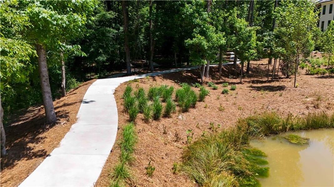 Winding gently alongside the eco pond, the walking trail offers a peaceful path for daily strolls, morning jogs, or quiet reflection.