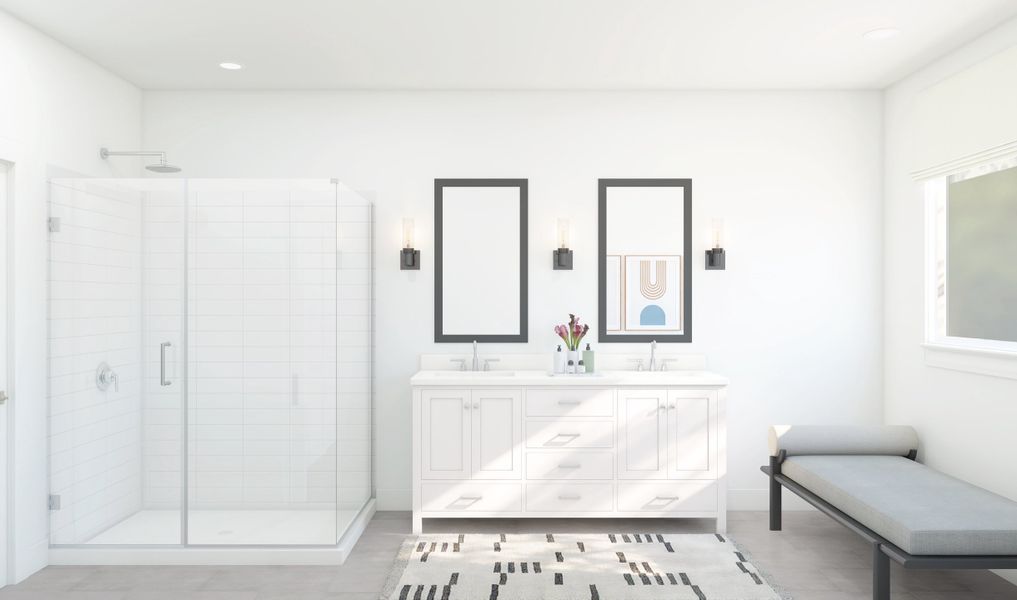 Primary bath with dual sinks and chrome fixtures