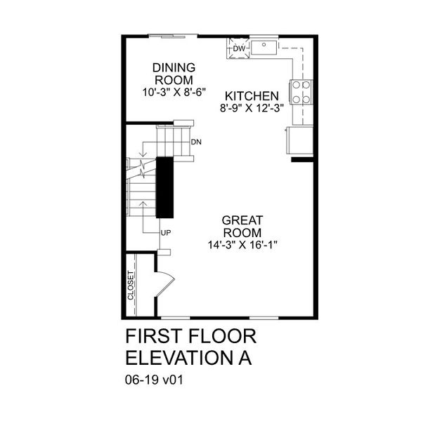 2D floor plan layout for the Juniper End Unit by Ryan Homes in Rollman Farms Townhomes, Raleigh, NC (Image 1).