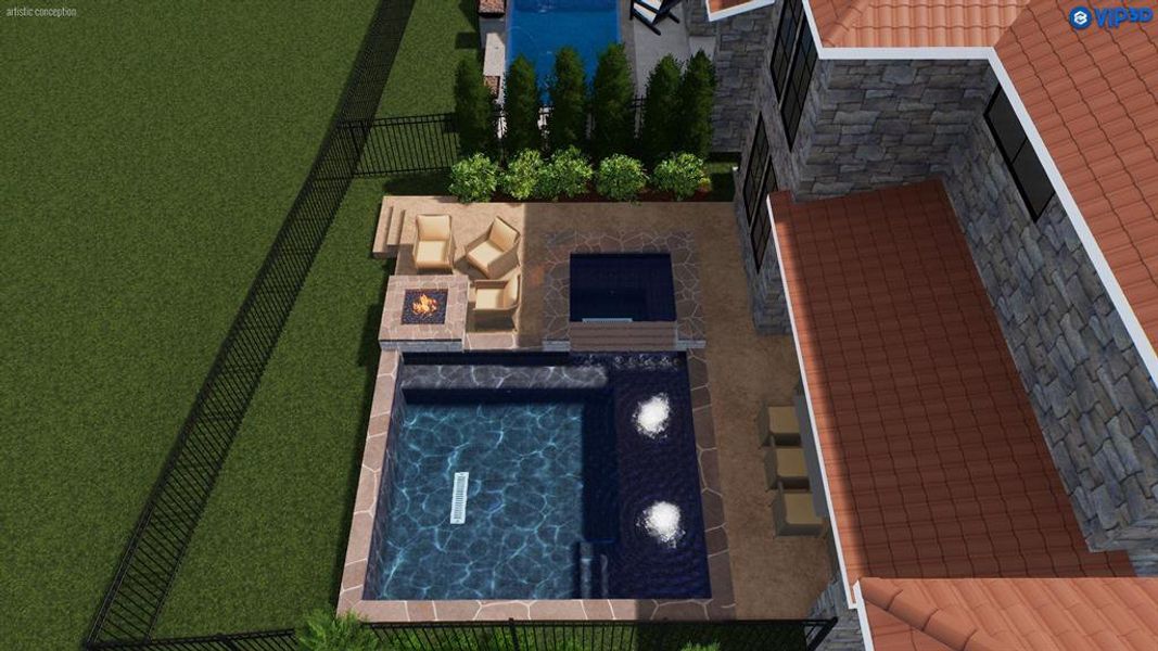 This rendering showcases a pool option that can be added. The spacious lot offers plenty of room to create your own private backyard retreat.