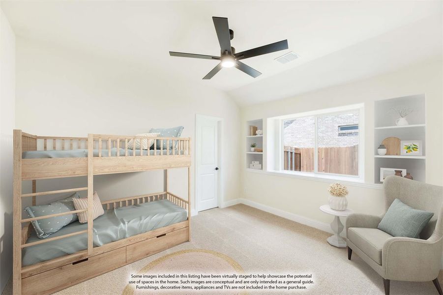 Children's bedroom with wood bunk beds, built-in shelves, ceiling fan, and carpet flooring Children's bedroom with wood bunk beds, built-in shelves, ceiling fan, and carpet flooring