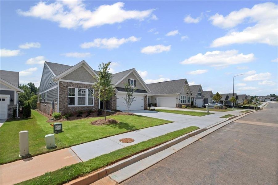 Front exterior of a new home in Laurel Farms, Dallas, GA, highlighting curb appeal (Image 21). Front exterior of a new home in Laurel Farms, Dallas, GA, highlighting curb appeal (Image 21).