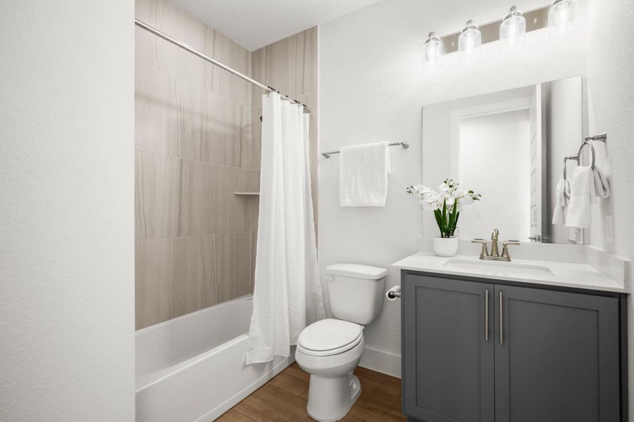 Full bath with shower / bath combination with curtain, dark wood-style floors, and vanity