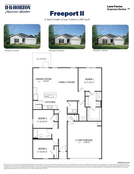 2D floor plan layout for the Freeport II - Express by D.R. Horton in Lane Farms, Grifton, NC (Image 3).
