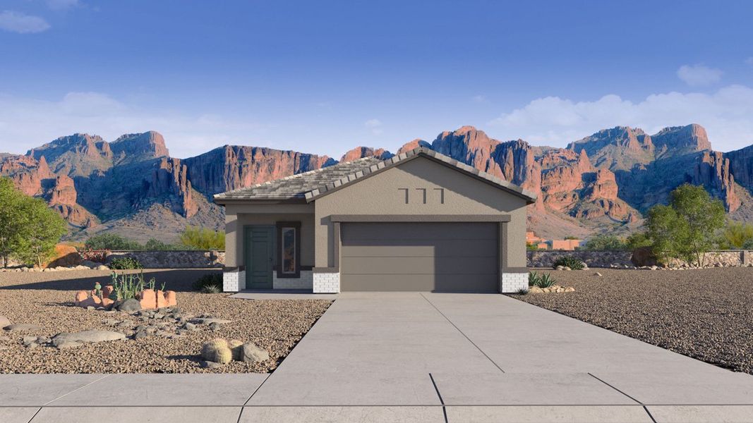 Front exterior of a new home in Radiance at Superstition Vistas, Apache Junction, AZ, highlighting curb appeal (Image 1).