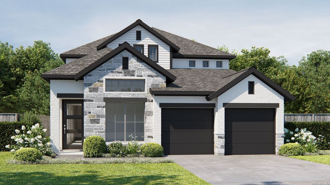 Front exterior of a new home in Homestead, Schertz, TX, highlighting curb appeal (Image 1). Front exterior of a new home in Homestead, Schertz, TX, highlighting curb appeal (Image 1).