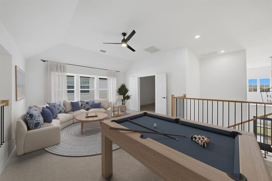 Rec room with billiards, vaulted ceiling, carpet, a ceiling fan, and recessed lighting Rec room with billiards, vaulted ceiling, carpet, a ceiling fan, and recessed lighting