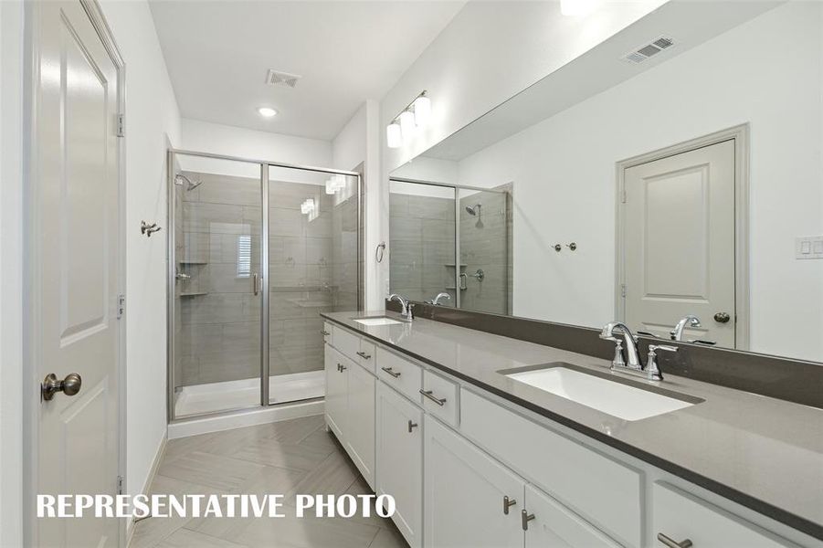 This fantastic owner's bath features a spacious walk in shower with double vanity offering plenty of space for two!  REPRESENTATIVE PHOTO