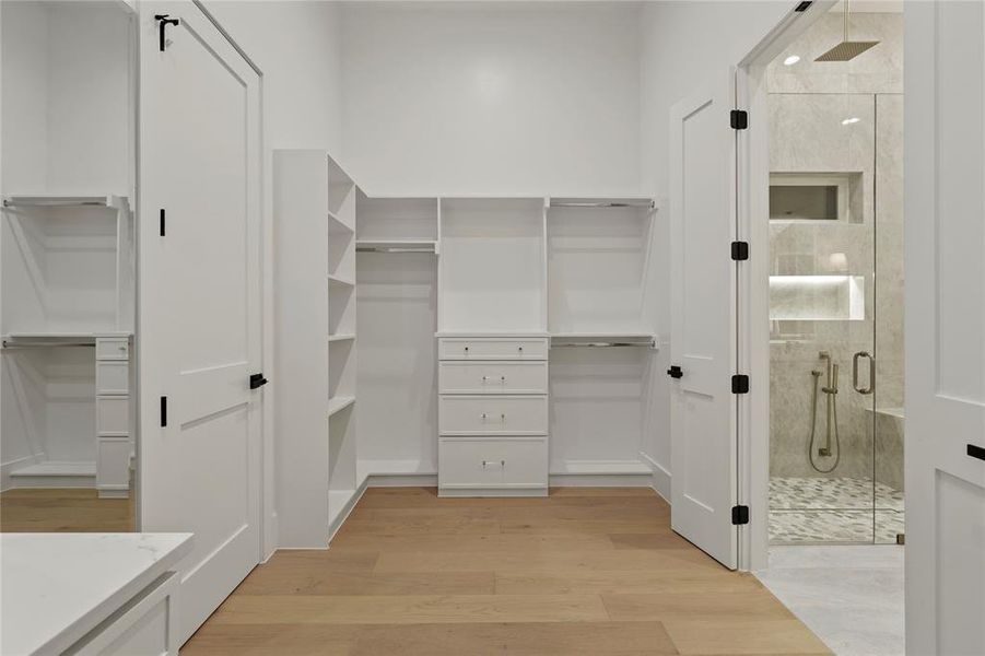 Spacious closet with light wood-style flooring