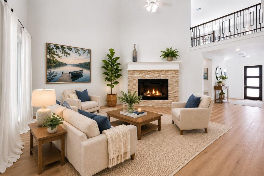 Spacious open family room with abundant natural light and stunning private views of the forest- no back neighbors- room is virtually staged with furniture and drapes- flooring is lighter than depicted here. Spacious open family room with abundant natural light and stunning private views of the forest- no back neighbors- room is virtually staged with furniture and drapes- flooring is lighter than depicted here.