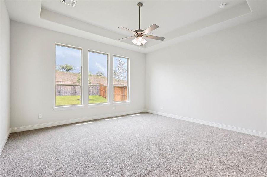 Carpeted empty room featuring ceiling fan and a tray ceiling