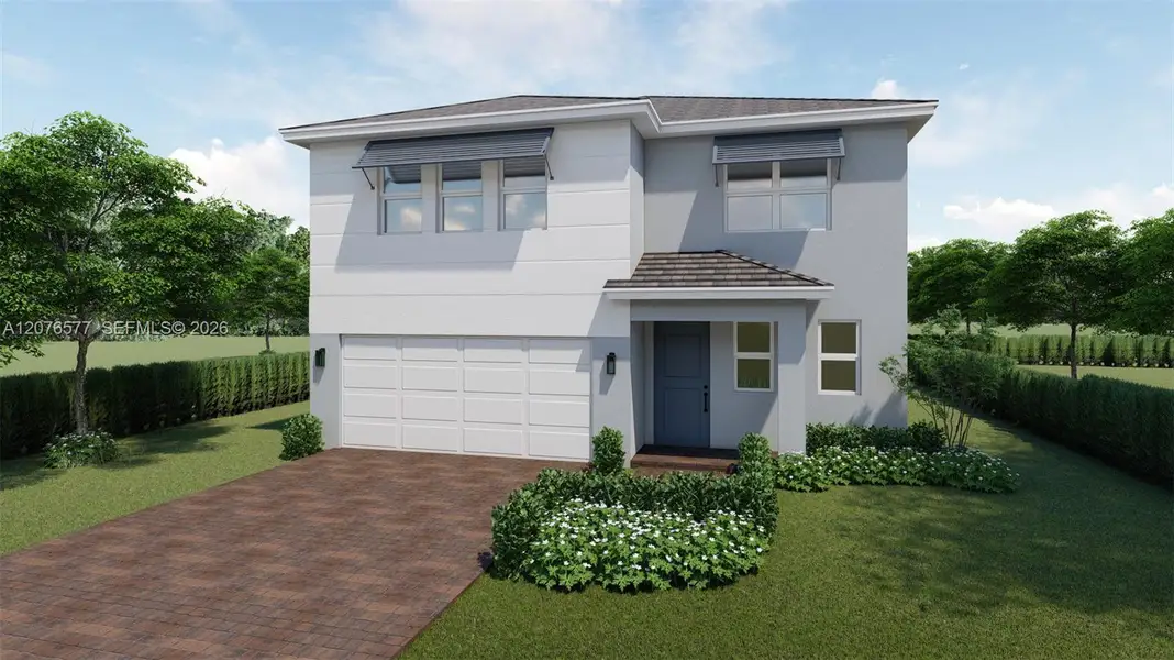 Front exterior of a new home in Parker Pointe, Homestead, FL, highlighting curb appeal (Image 1). Front exterior of a new home in Parker Pointe, Homestead, FL, highlighting curb appeal (Image 1).