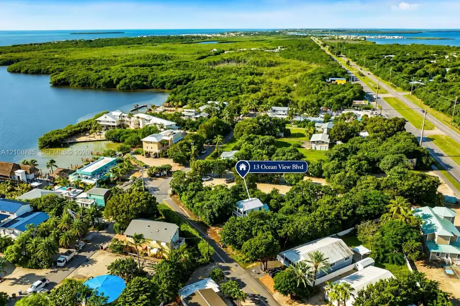 Aerial perspective of a property featuring extensive mature tree canopy, proximity to open water, and immediate access to a paved coastal roadway Aerial perspective of a property featuring extensive mature tree canopy, proximity to open water, and immediate access to a paved coastal roadway