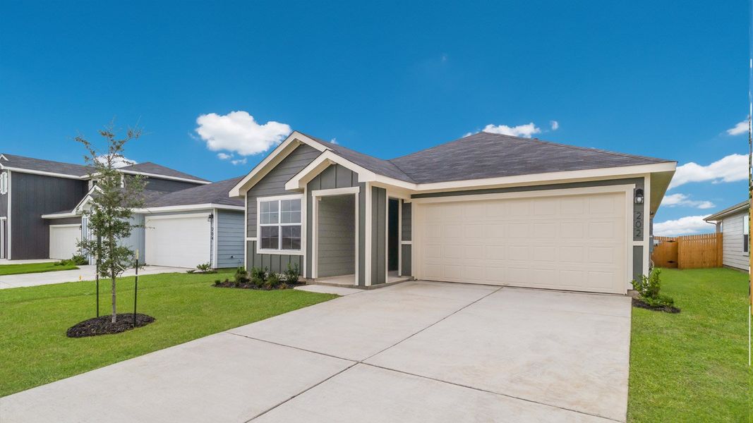 Representative exterior photo of a completed home built from the The Easton by D.R. Horton in Valverde, Bastrop, TX (Image 2). Representative exterior photo of a completed home built from the The Easton by D.R. Horton in Valverde, Bastrop, TX (Image 2).