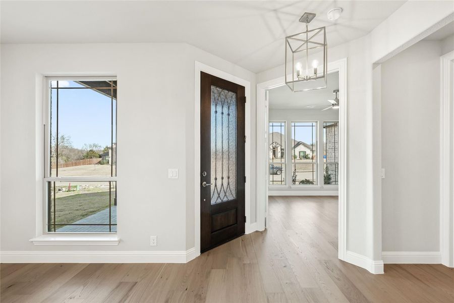 Bright entryway with dark wood front door, glass panel, pendant light, and hardwood floors Bright entryway with dark wood front door, glass panel, pendant light, and hardwood floors