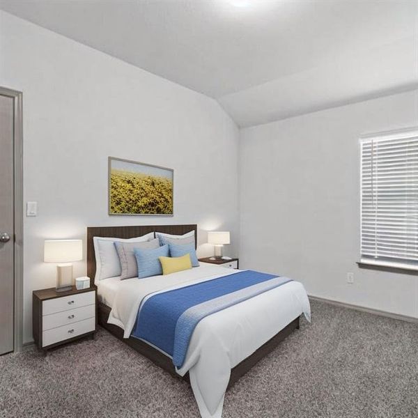 One of three spacious secondary bedrooms featuring lush carpets, large window and tall ceiling. **This image is from another Saratoga Home with similar floor plan - Myrtle Floorplan.**