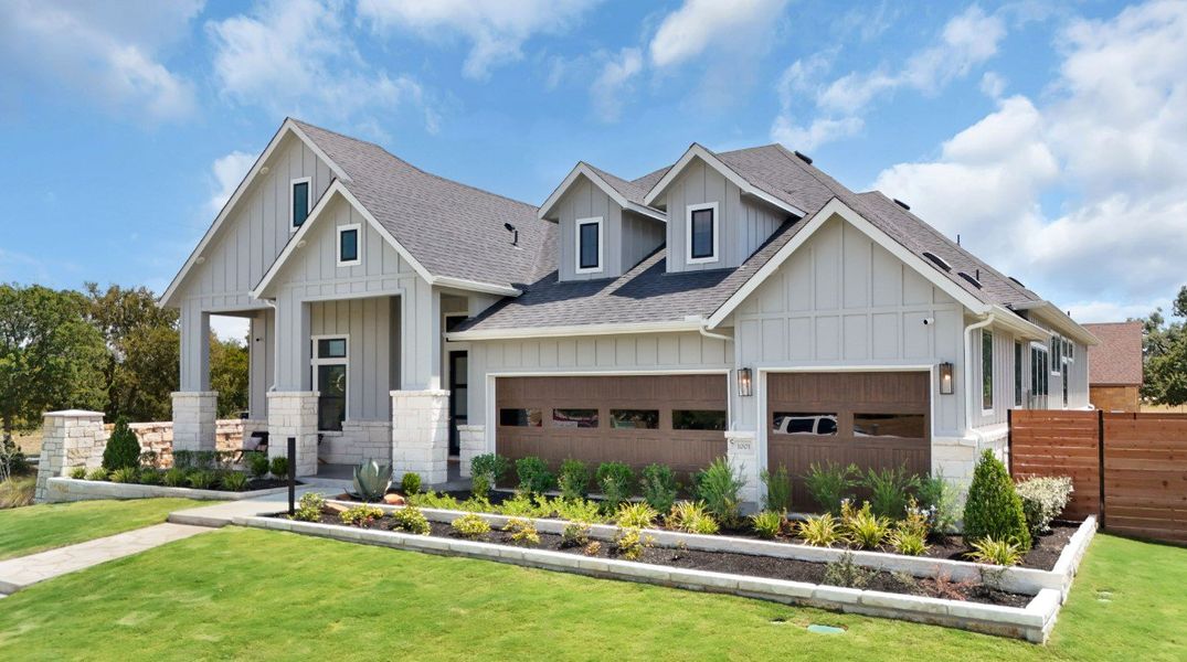 Front exterior of a new home in Broken Oak, Georgetown, TX, highlighting curb appeal (Image 27). Front exterior of a new home in Broken Oak, Georgetown, TX, highlighting curb appeal (Image 27).
