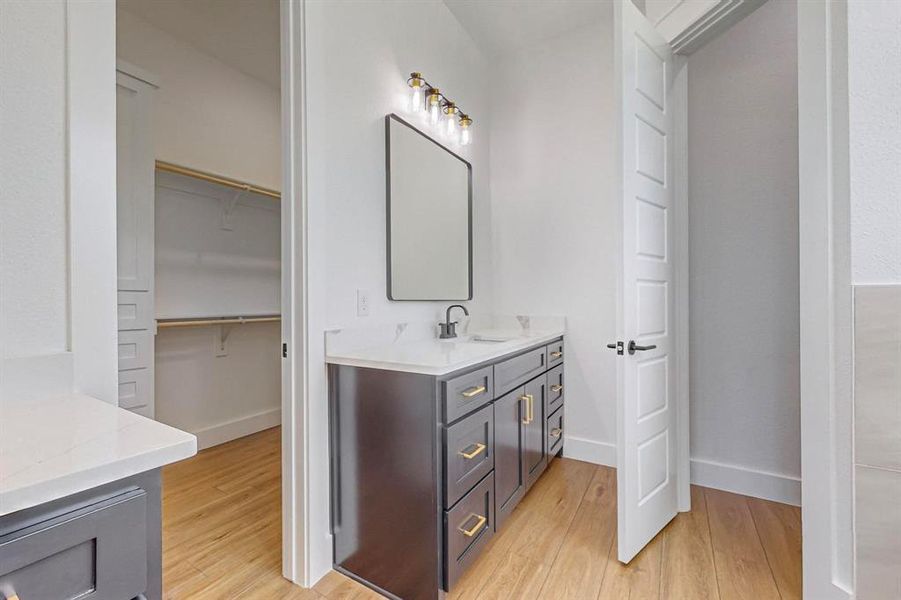 Bathroom with vanity and wood-type flooring