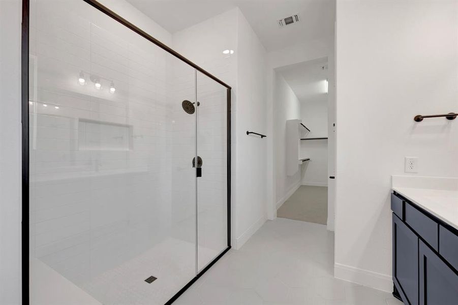 Bathroom with vanity, a walk in closet, and a stall shower