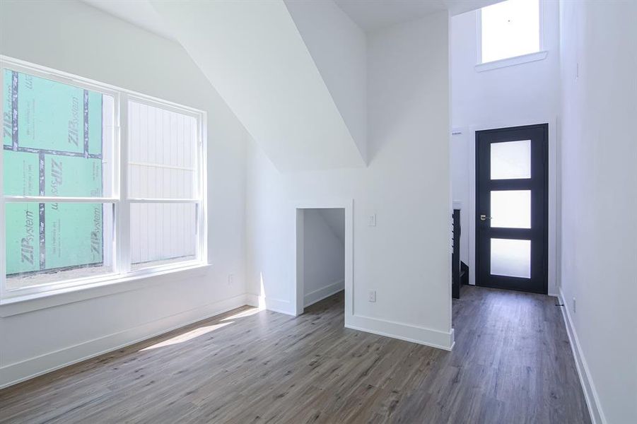 Entryway with lofted ceiling and dark wood-type flooring