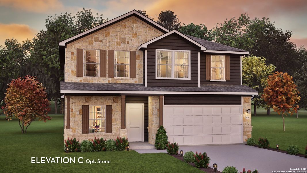 Front exterior of a new home in Cloud Country, New Braunfels, TX, highlighting curb appeal (Image 1).