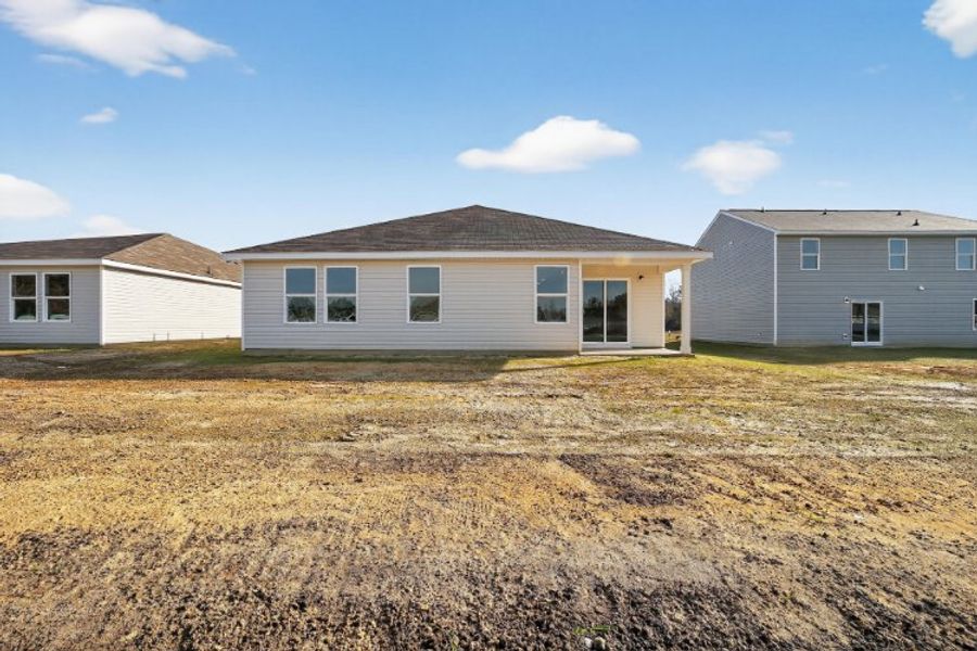 A few houses in a field.