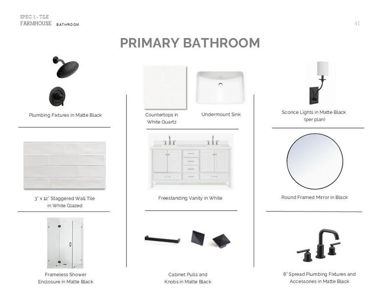 Farmhouse Look Palette 6: Primary Bathroom Selection Sheet (*Artist rendering used for illustration purposes only.)