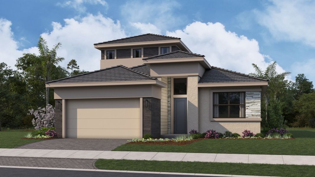 Representative exterior photo of a completed home built from the Jordan by Kolter Homes in Esprit at Avenir, Palm Beach Gardens, FL (Image 22).