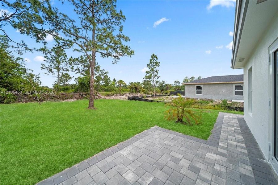 Paved patio area, expansive lawn, mature tree, and exterior wall with windows Paved patio area, expansive lawn, mature tree, and exterior wall with windows