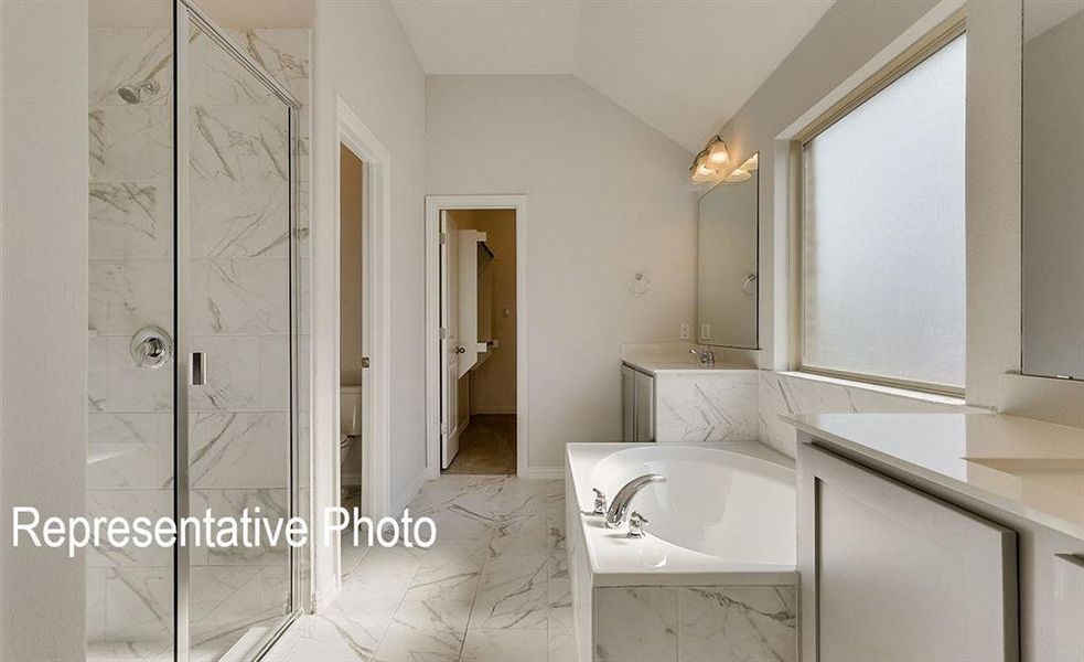 Full bathroom with independent shower and bath, vaulted ceiling, toilet, and vanity