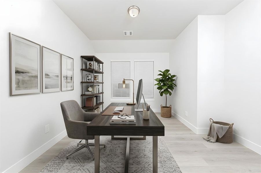This dedicated home office offers a flexible layout, centered around a thoughtfully designed, integrated wall niche perfect for a desk setup or built-in shelving, providing a seamless and uncluttered work environment. *Virtually Staged This dedicated home office offers a flexible layout, centered around a thoughtfully designed, integrated wall niche perfect for a desk setup or built-in shelving, providing a seamless and uncluttered work environment. *Virtually Staged
