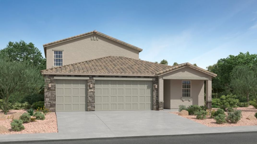 Front exterior of a new home in Mountain View at Rocking K: Mountain View Inspiration, Vail, AZ, highlighting curb appeal (Image 1).