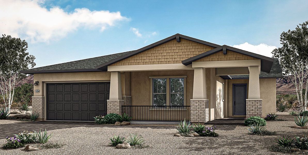Front exterior of a new home in Overlook at The Dells, Prescott, AZ, highlighting curb appeal (Image 6).