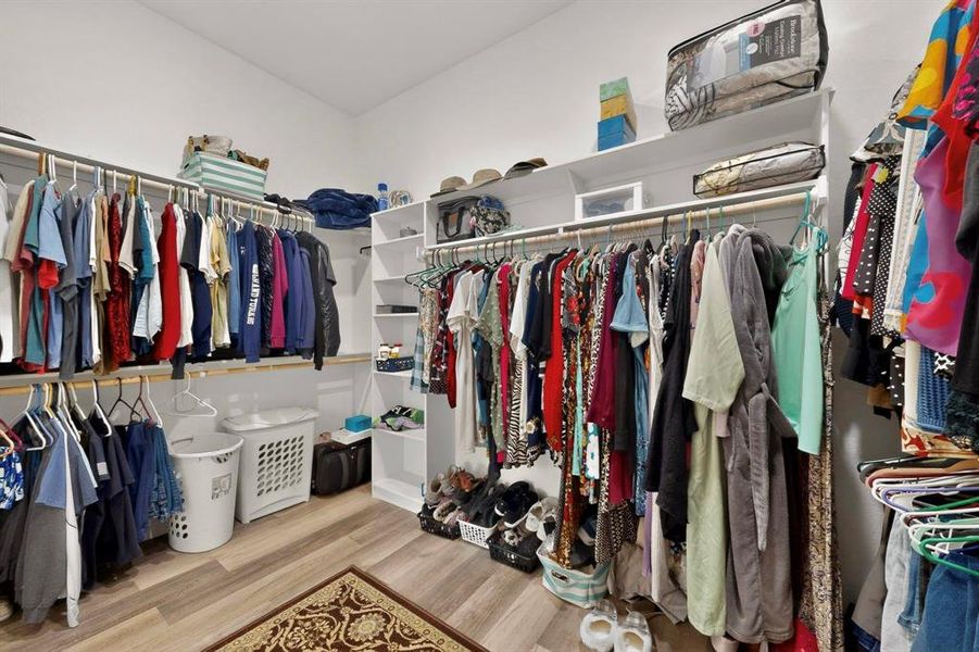 Walk-in closet featuring extensive built-in shelving, multiple hanging rods, and wood-finish flooring