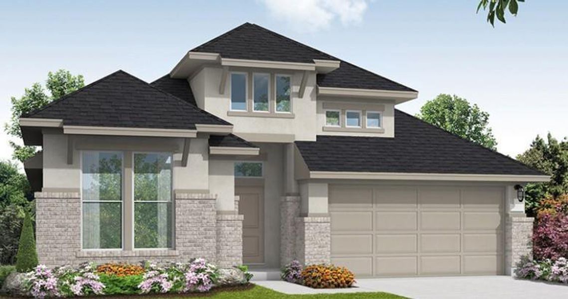 Front exterior of a new home in Bridgeland 55', Cypress, TX, highlighting curb appeal (Image 2). Front exterior of a new home in Bridgeland 55', Cypress, TX, highlighting curb appeal (Image 2).