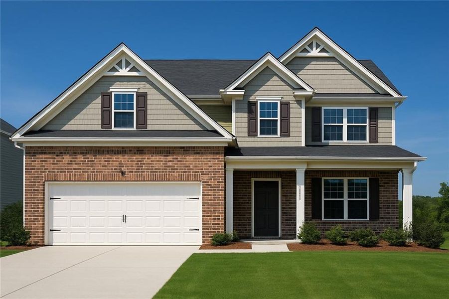Front exterior of a new home in The Hills at Cedar Creek, Winder, GA, highlighting curb appeal (Image 1).